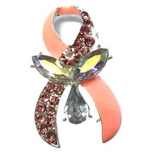 Crystal Pink Ribbon Angel Pin Brooch Breast Cancer Awareness Survivor Enamel